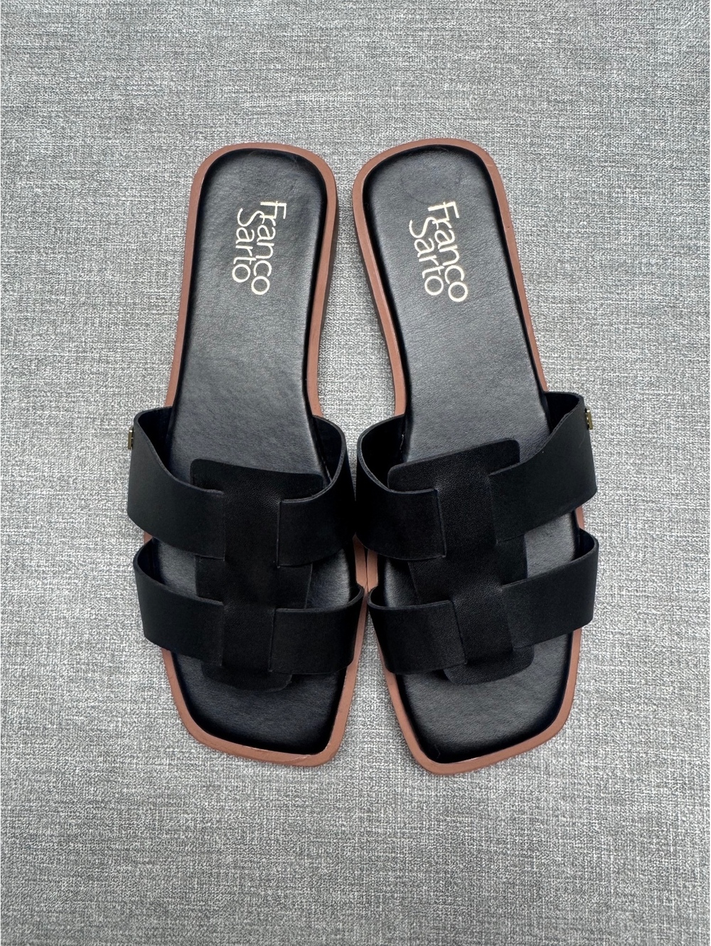 Franco Sarto Black H Strap Slide Sandals Women’s 8.5 Leather Square Toe
